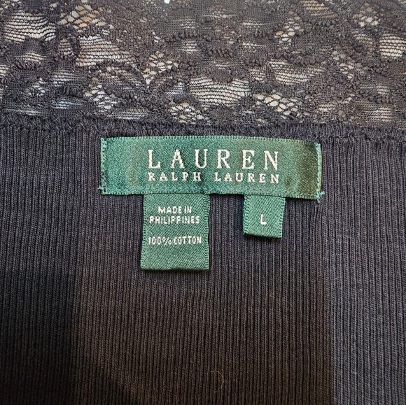 Lauren Ralph Lauren Black Ribbed Long Sleeve Lace V-Neck Top L Cotton Stretch - Picture 3 of 8